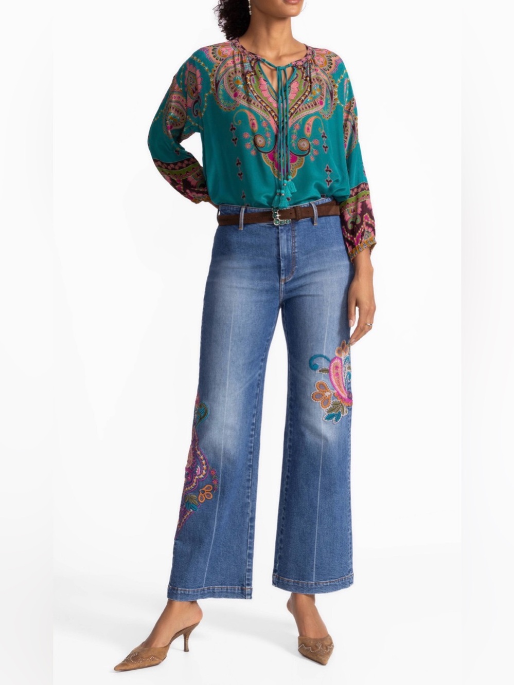 NWT Johnny Was Fabiana Embroidered Wide-Leg Blue Jeans